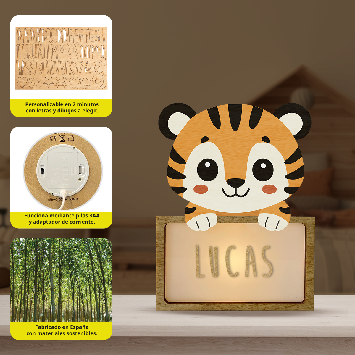 Lámpara Personalizada Infantil de Madera - Diseño Tigre