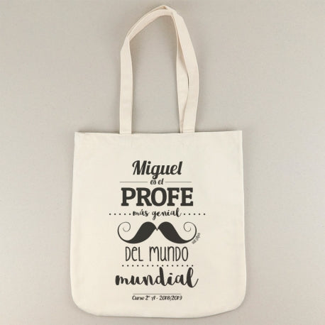 Bolso Personalizado Algodón Orgánico ( nombre) Es El Profe Más Genial Del Mundo Mundial (texto libre)