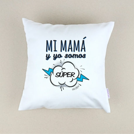 Cojín Personalizado azul Mamá y yo somos súper