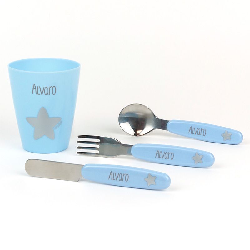 Set de Vasito y cubiertos de Acero Personalizados Azul