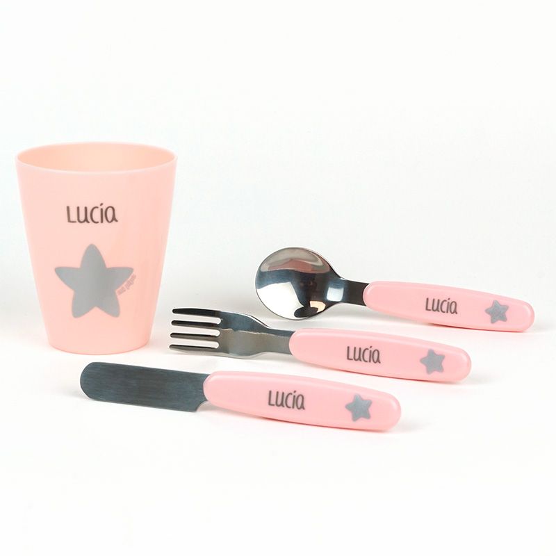 Set de Vasito y cubiertos de Acero Personalizados Rosa